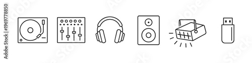 Collection of DJ and music production equipment icons in a clean line art style