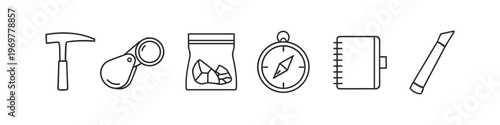Geology exploration tools including hammer, magnifier, sample bag, compass, notebook, and pencil