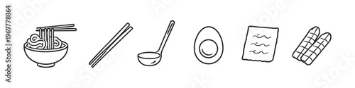 Hand-drawn icons of ramen ingredients and utensils for culinary design