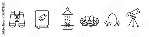 Collection of line art icons representing bird watching and nature observation activities