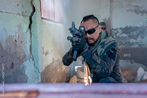 Tactical Soldier Aiming Rifle in Abandoned Building, 