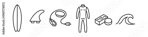 Collection of surfing equipment icons including surfboard, fin, leash, wetsuit, wax, and wave