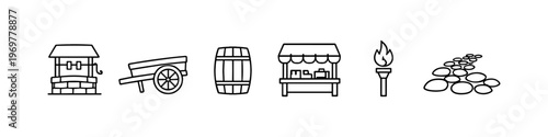 Collection of simple line art icons representing historical village elements