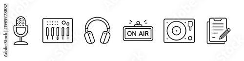 Collection of icons representing audio production and broadcasting equipment