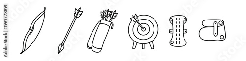 Collection of simple line art icons representing archery equipment and target