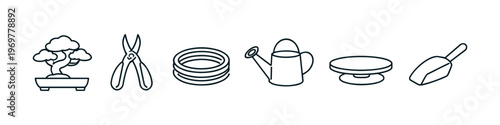 Collection of simple line art icons for bonsai tree care and gardening tasks