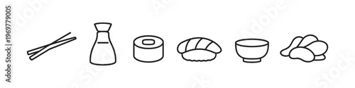 Japanese food icons: chopsticks, soy sauce, sushi, and bowl