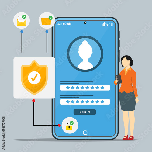 A woman standing on beside big of smarphone screen with Secure mobile login, password and verification icons. Concept of data protection, user authentication and cybersecurity.
