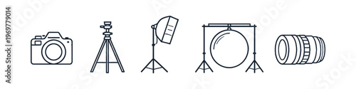 Collection of essential photography equipment icons for studio and outdoor shoots