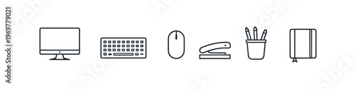 Collection of modern office and desk supplies in a clean line art style