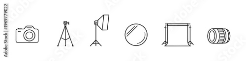 Collection of simple line art icons representing photography equipment and studio setup