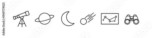 Illustrations of astronomy tools and celestial bodies for educational use