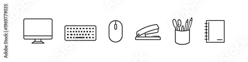 Collection of simple line art icons representing office and school supplies