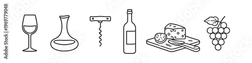 Collection of simple line art icons representing wine and cheese tasting elements