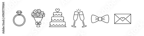 Collection of wedding icons: ring, bouquet, cake, champagne, bow tie, and envelope