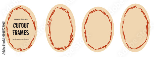 Vintage oval frames with rough crayon border on scrapbook paper cutout for promo. Oval vintage sticker with terracotta stroke and retro paper texture. Handmade vector border in warm paper cutout.