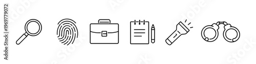 Collection of crime investigation icons including a magnifying glass, fingerprint, and handcuffs