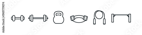Collection of simple line art icons representing various fitness equipment for workouts