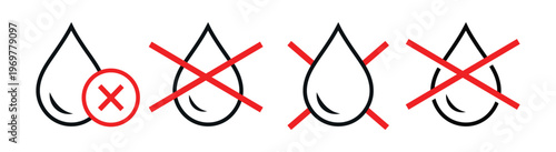 No Water, Gas, Liquid, Oil Label Vector Icon Set. Waterproof and Water-Resistant Badge Collection. Liquid-Proof and Surface Protection Symbols. Shield with Water Drop Anti-Wetting Material Icons. 