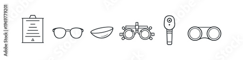 Collection of eye care and vision testing equipment icons