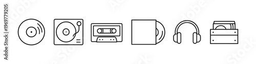 Collection of vintage audio equipment icons including vinyl, cassette, and headphones