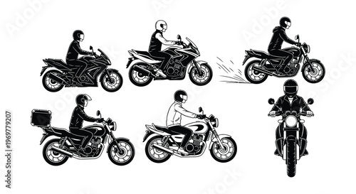 Black and white illustration of various motorcycle riders in motion