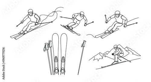 Line art illustration of skiers ski lift and skiing equipment