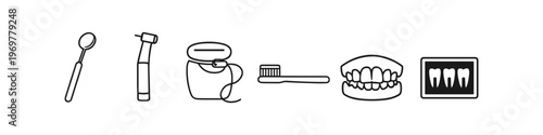Dental hygiene tools and teeth illustration, representing oral care and dentistry