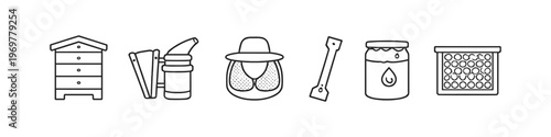 Collection of beekeeping equipment icons including hive, smoker, veil, and honey jar