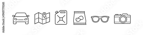 Set of icons representing travel essentials for a road trip adventure