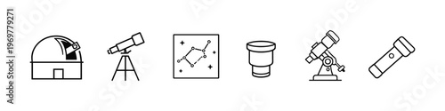 Collection of astronomy icons including observatory, telescopes, and constellations