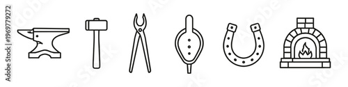 Collection of blacksmithing tools and equipment in a clean line art style