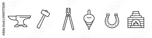 Collection of blacksmithing tools and equipment in a simple line art style