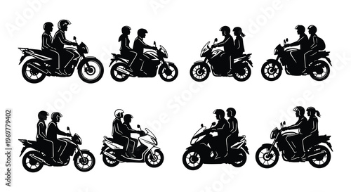 Black and white illustration of various motorcycle riders in motion