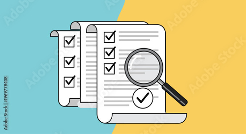 Magnifying glass over a stack of documents with checkmarks representing a detailed audit and thorough verification of business files.