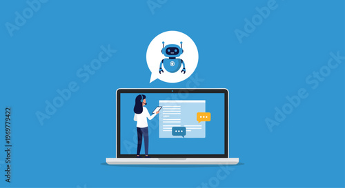 Human assistant interacting with a customer support chatbot on a laptop screen to provide quick service and help in a digital environment.