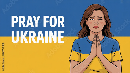 Woman praying in blue and yellow ukraine flag colors supporting ukraine peace and hope concept