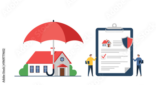 Home insurance policy concept with a house protected by a red umbrella and two people reviewing a claim document on a clipboard.
