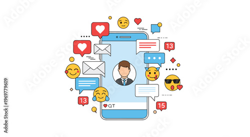 Social media engagement and marketing concept with emojis hearts message notifications and email icons around a smartphone screen.