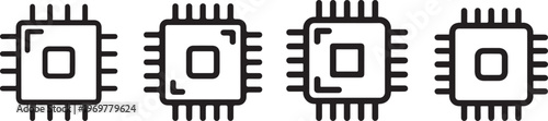 Computer processor chip icons with pins representing technology hardware and microelectronics.