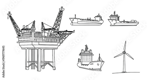 Black silhouettes of offshore oil rigs and support vessels at sea