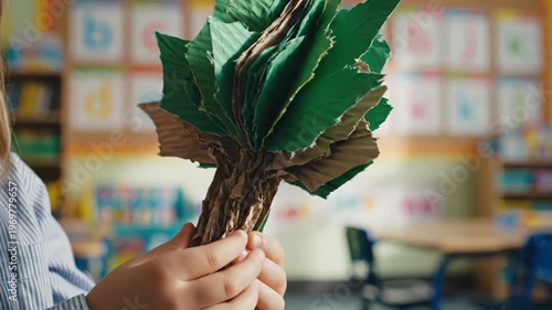 Child's hands hold a handmade paper tree model with green leaves and brown trunk, showcasing creativity in a colorful classroom setting with educational materials in the background