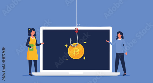 Flat vector illustration of two women standing by a laptop showing a bitcoin coin caught on a fishing hook as a scam.