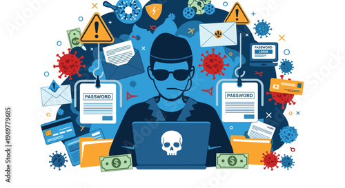 Illustration of a masked cyber criminal using a laptop surrounded by various icons representing identity theft and online fraud.