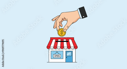 Illustration of a businessman's hand dropping a gold coin into a small retail store building used as a donation or savings box.