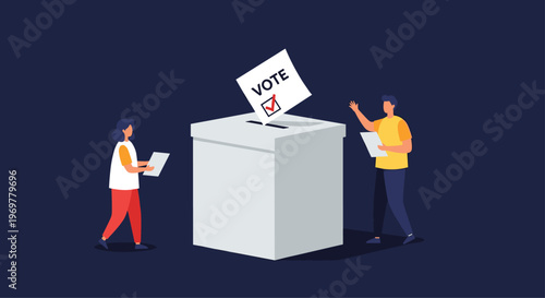 Two people standing next to a large white ballot box casting their votes during a democratic election process illustration.