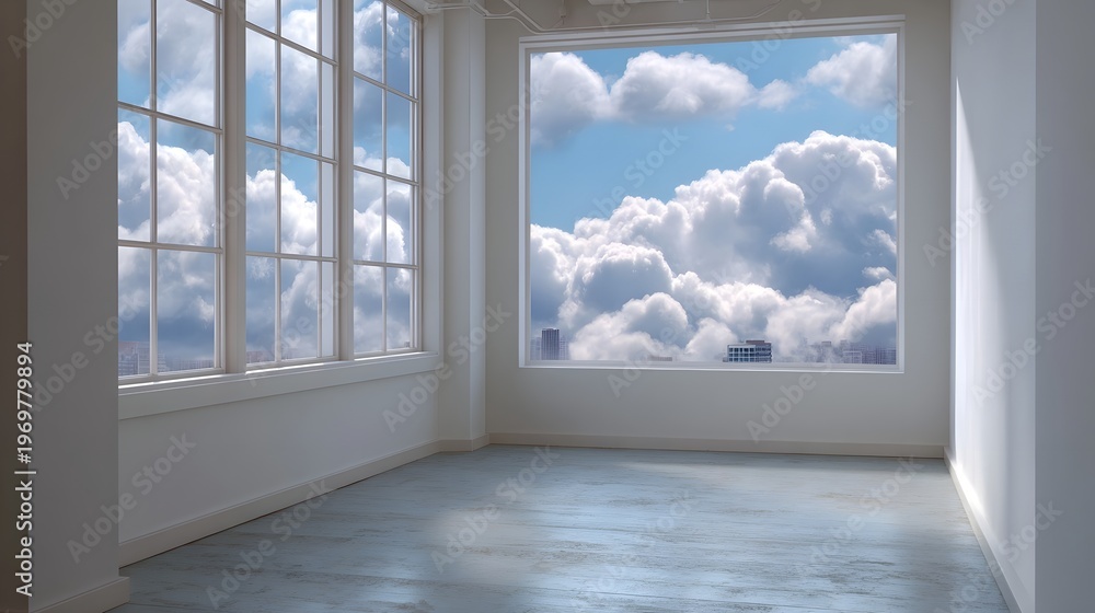 Fototapeta premium Minimalist interior room with large overlooking a dramatic sky filled with clouds and distant city buildings