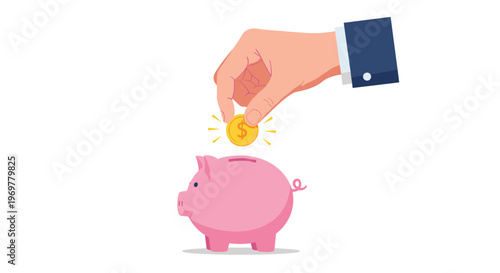 Close up illustration of a businessman's hand putting a golden dollar coin into a classic pink ceramic piggy bank for savings.