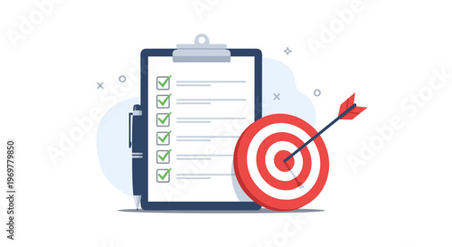 Goal achievement and task management concept with a checklist document on a clipboard and a target being hit by an arrow.