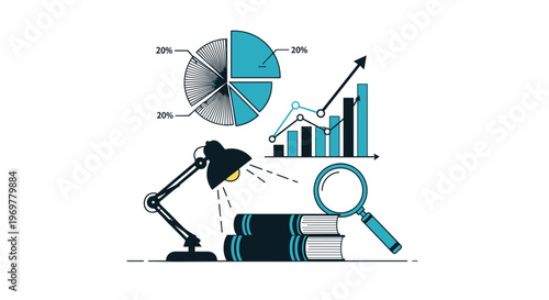Academic research and business analysis concept featuring textbooks, a desk lamp, a magnifying glass, and various data visualizations.